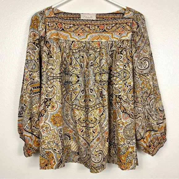 Cleobella Medium Teagan Paisley Kaleidoscope Puff-Sleeve Tan Quilted Blouse Top - Picture 2 of 7